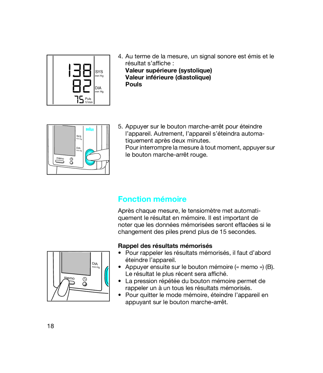 Braun bp1600, BP 1650 manual Fonction mémoire, Rappel des résultats mémorisés 