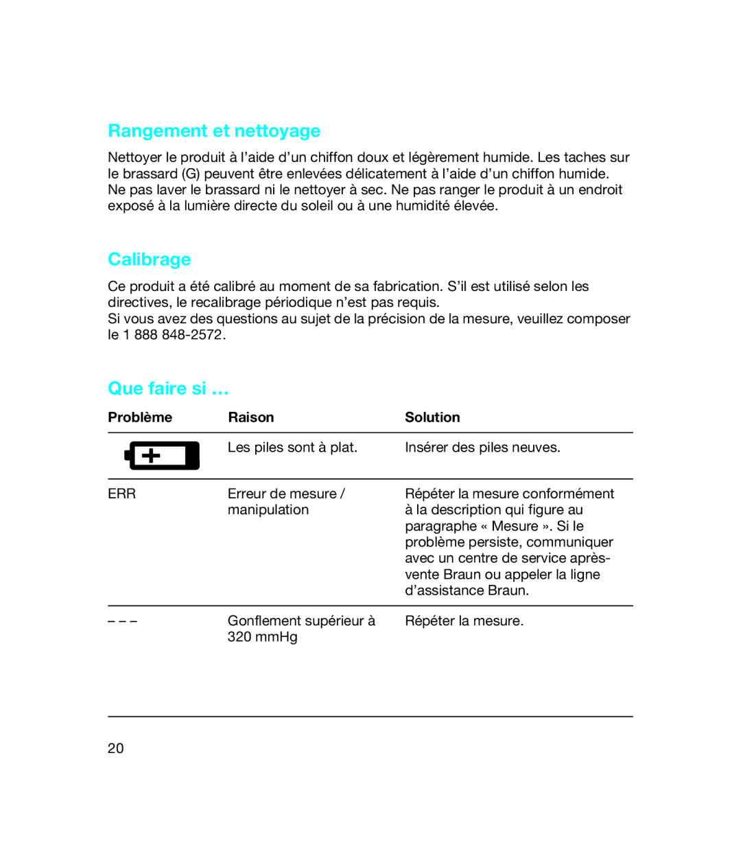 Braun bp1600, BP 1650 manual Rangement et nettoyage, Calibrage, Que faire si …, Problème Raison Solution 