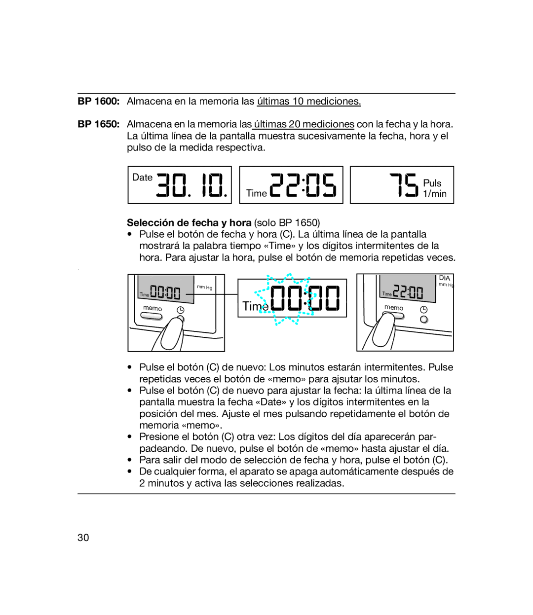 Braun bp1600, BP 1650 manual Selección de fecha y hora solo BP 