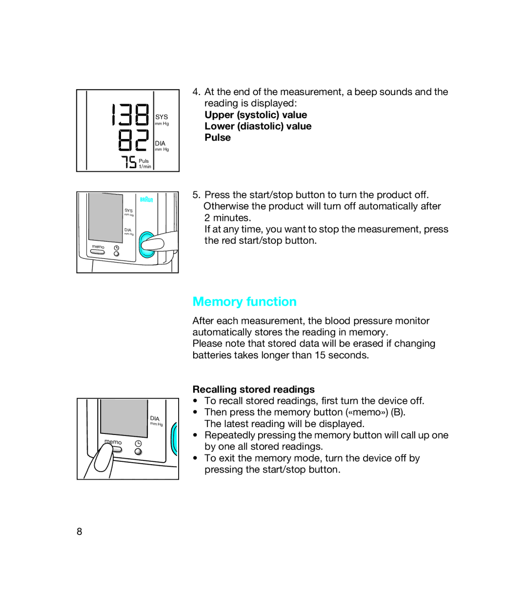 Braun bp1600, BP 1650 manual Memory function, Upper systolic value Lower diastolic value Pulse, Recalling stored readings 