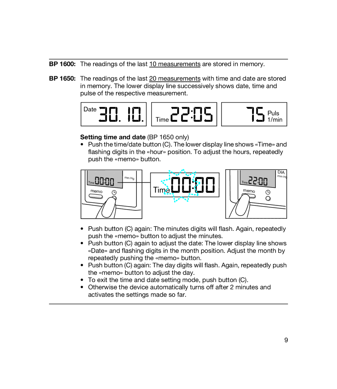 Braun bp1600 manual Time, Setting time and date BP 1650 only 