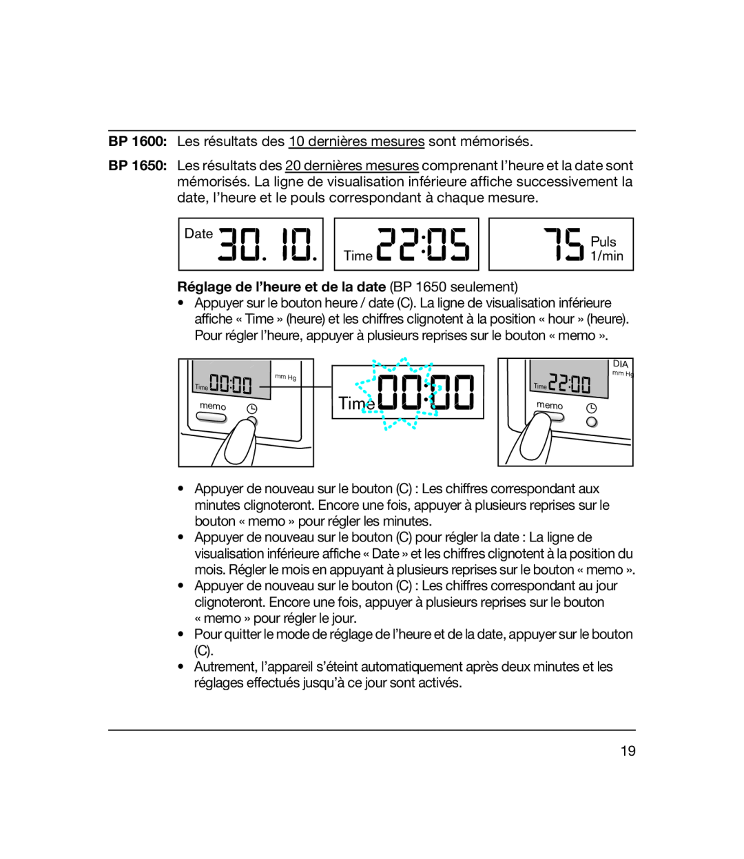 Braun bp1600 manual Time, Réglage de l’heure et de la date BP 1650 seulement 