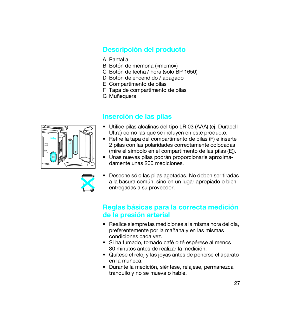 Braun BP 1650, bp1600 manual Descripción del producto, Inserción de las pilas 