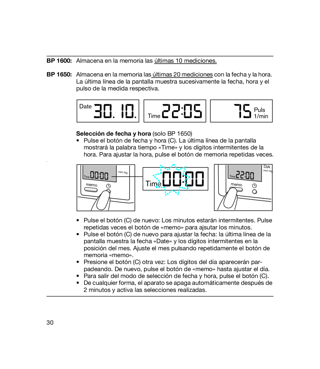 Braun bp1600, BP 1650 manual Time, Selección de fecha y hora solo BP 