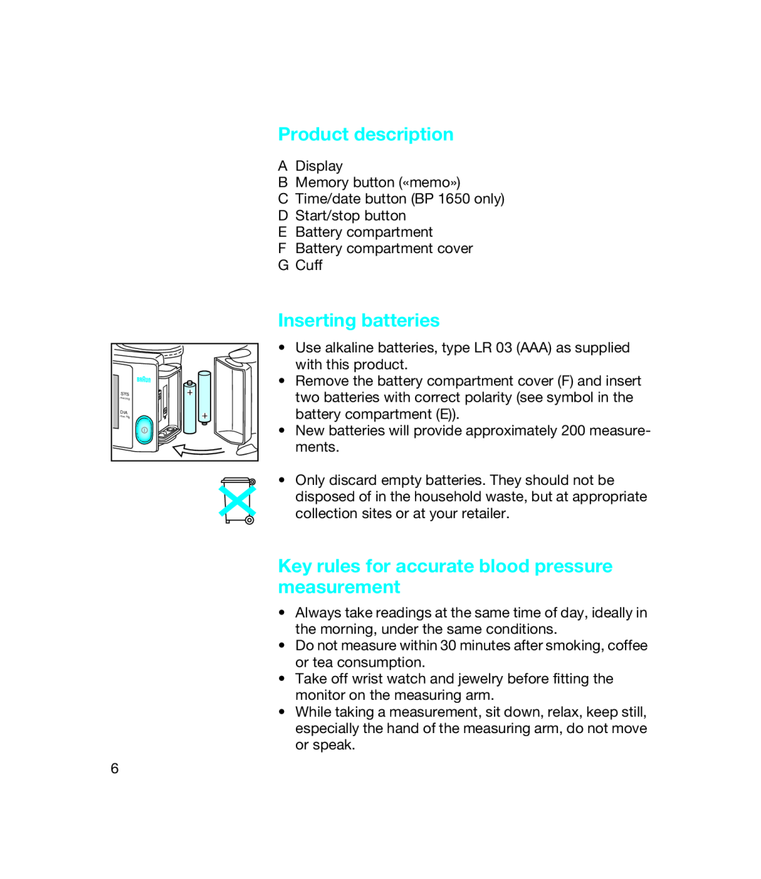 Braun bp1600, BP 1650 manual Product description, Inserting batteries, Key rules for accurate blood pressure measurement 
