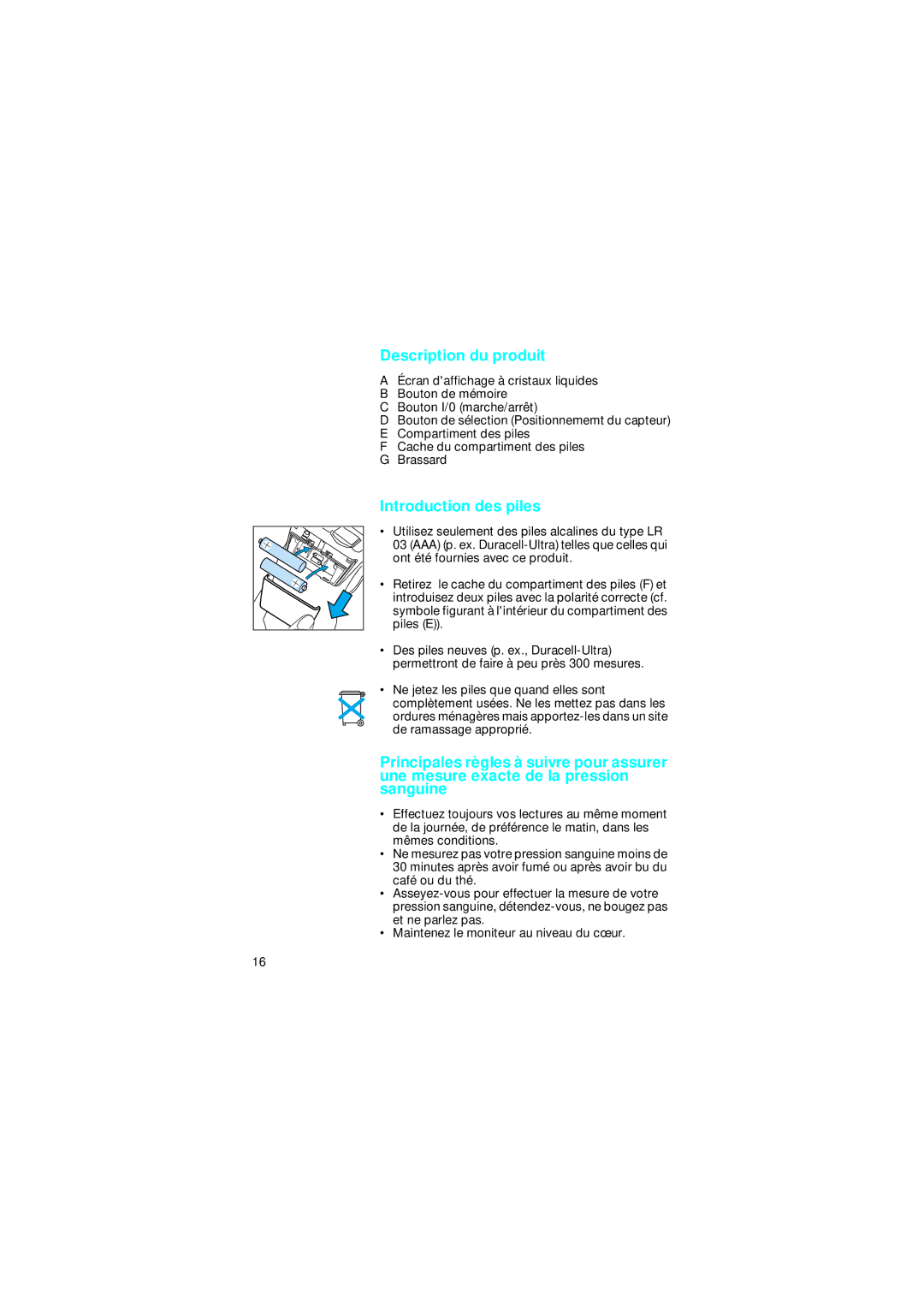 Braun BP2005, BP 2510 manual Description du produit, Introduction des piles 