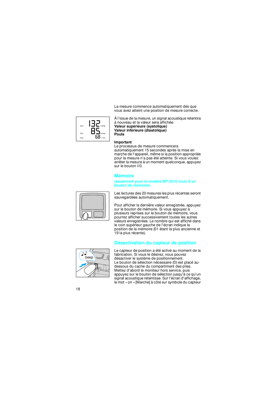 Braun BP2005, BP 2510 manual Mémoire, Désactivation du capteur de position 