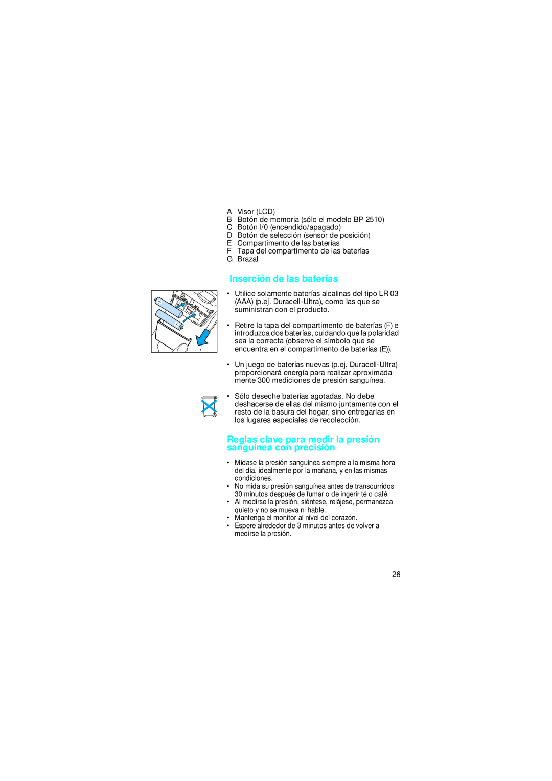 Braun BP2005, BP 2510 manual Inserción de las baterías, Reglas clave para medir la presión sanguínea con precisión 