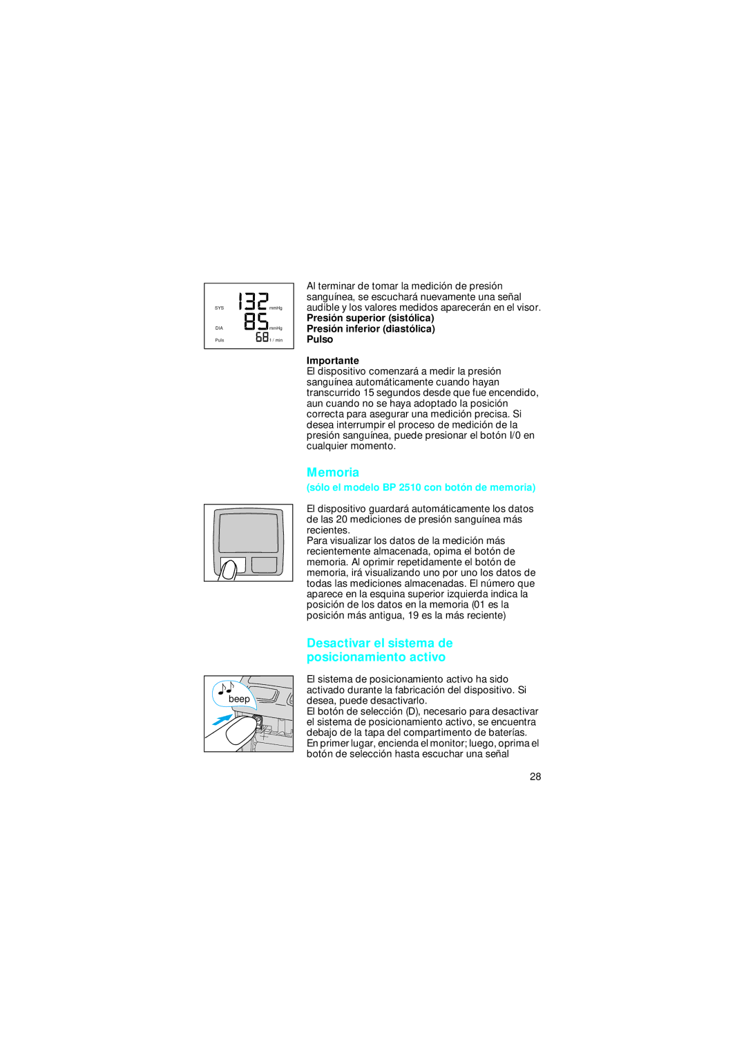 Braun BP2005, BP 2510 manual Memoria, Desactivar el sistema de posicionamiento activo 