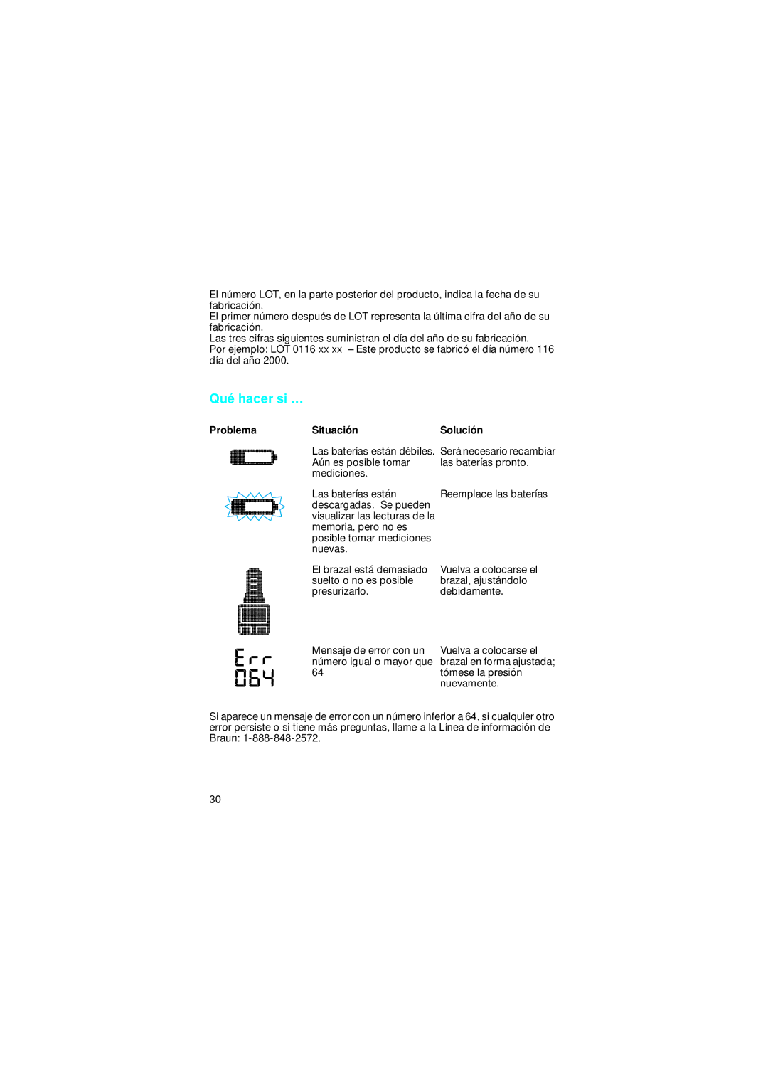 Braun BP2005, BP 2510 manual Qué hacer si …, Problema Situación 