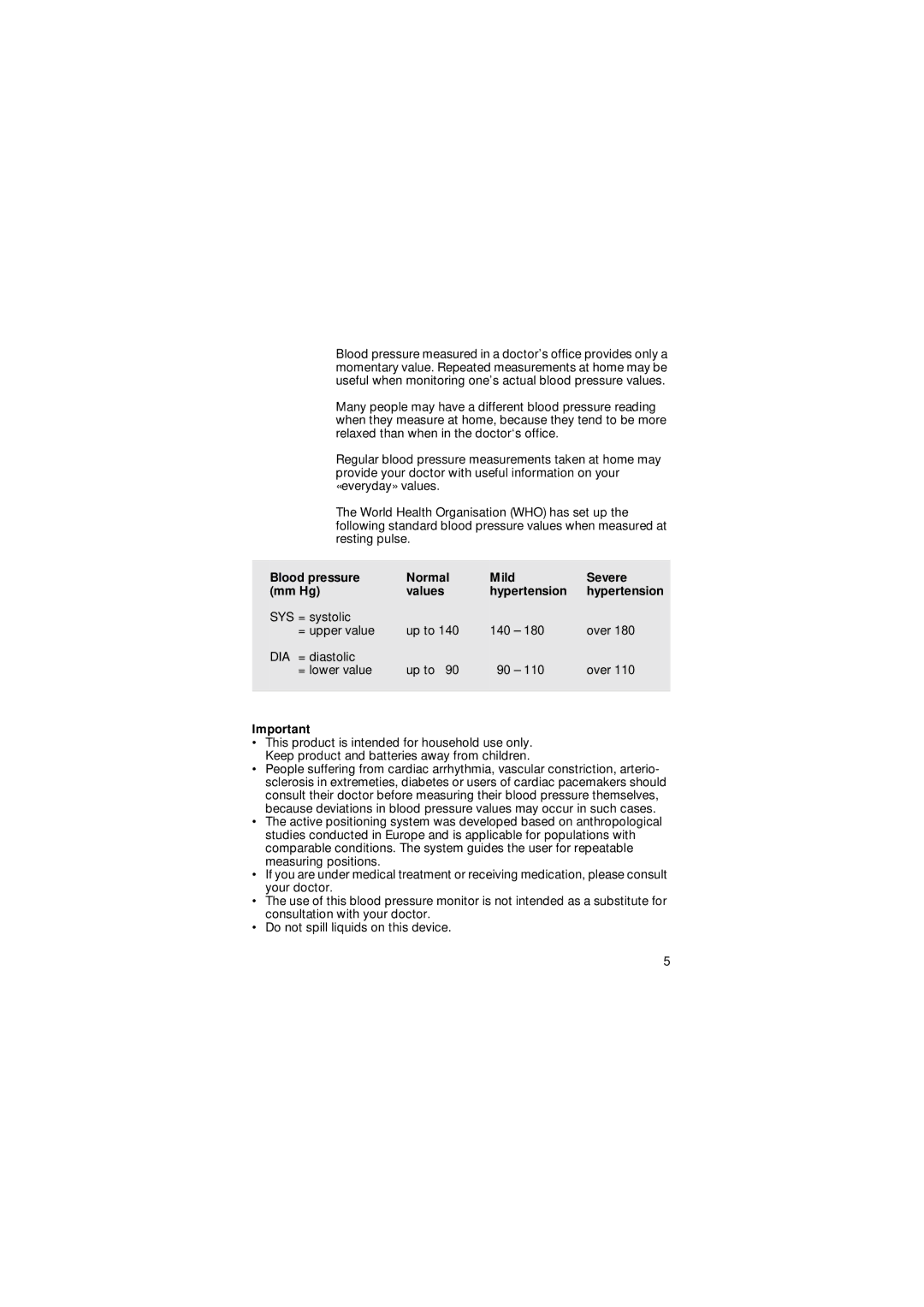 Braun BP 2510, BP2005 manual Blood pressure Normal Mild Severe Mm Hg Values 