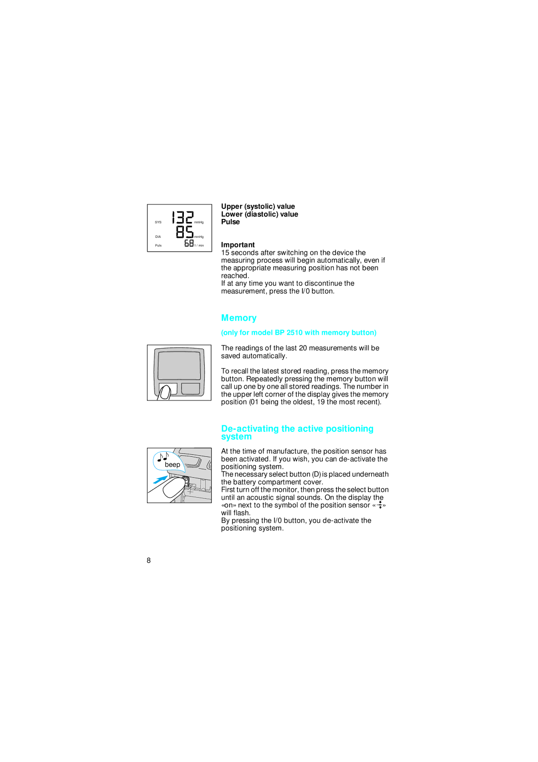 Braun BP2005 manual Memory, De-activating the active positioning system, Upper systolic value Lower diastolic value Pulse 