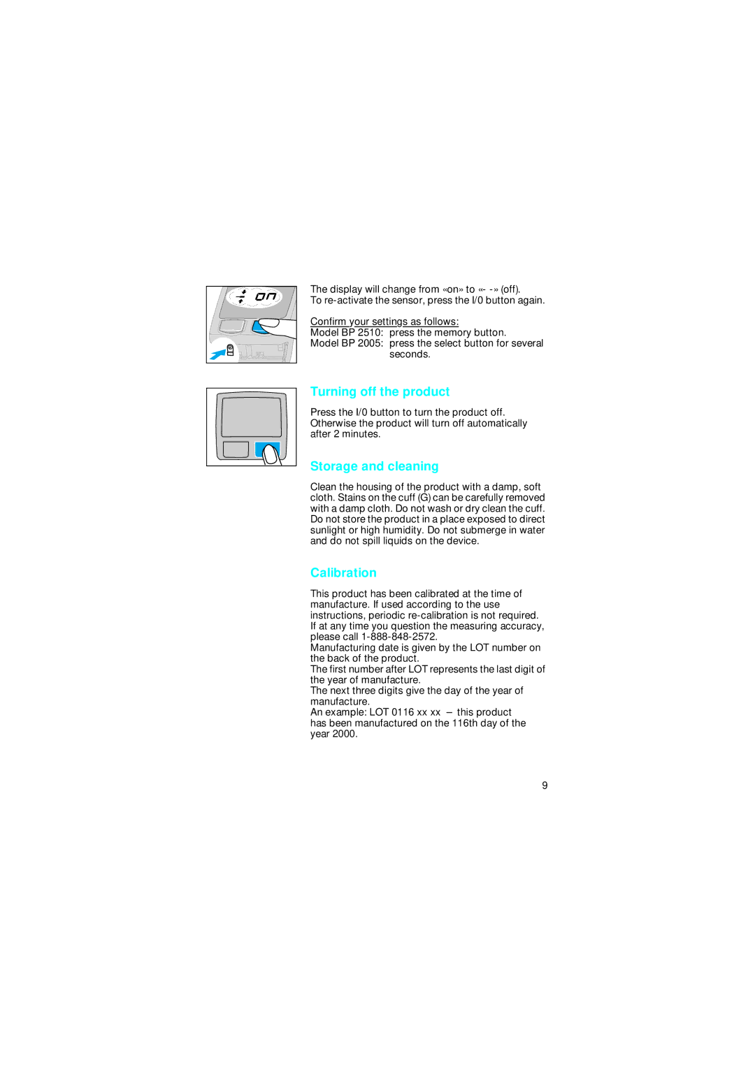 Braun BP 2510, BP2005 manual Turning off the product, Storage and cleaning, Calibration 