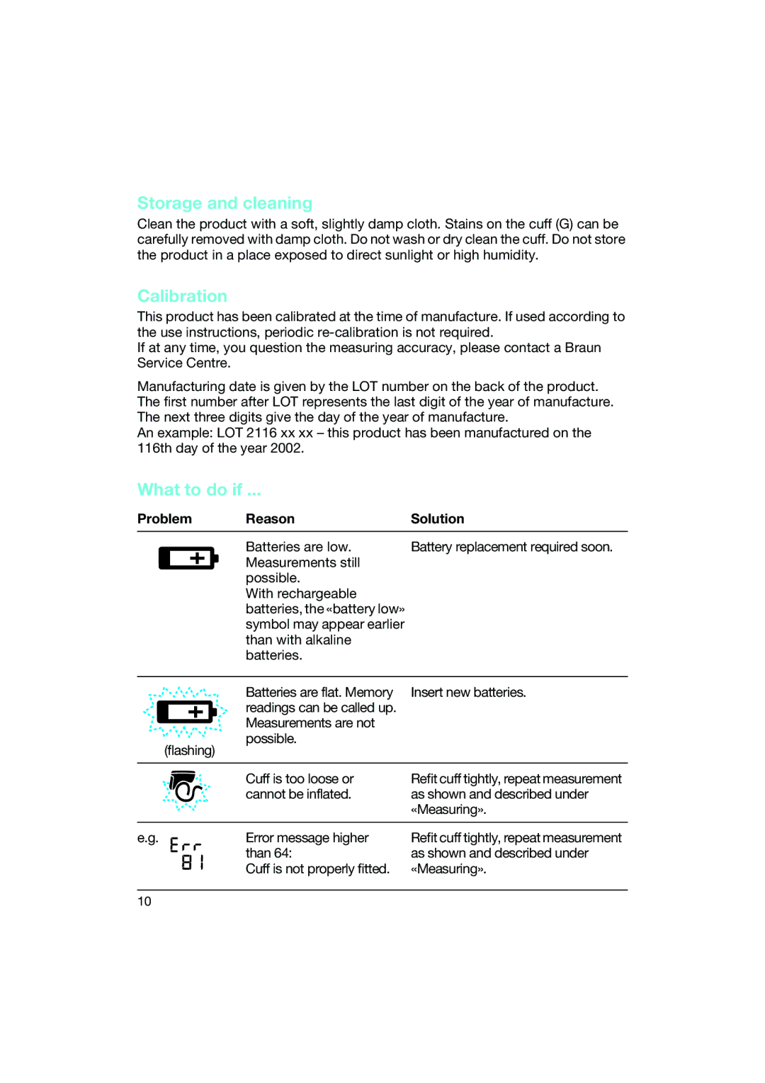 Braun BP2550 manual Storage and cleaning, Calibration, What to do if, Problem Reason Solution 