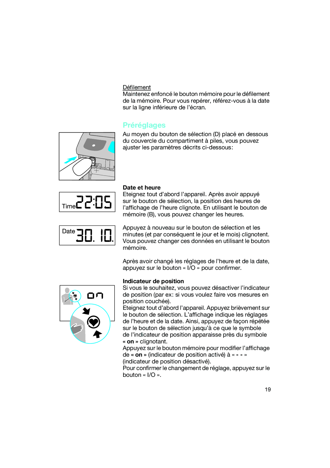 Braun BP2550 manual Préréglages, Date et heure, Indicateur de position 