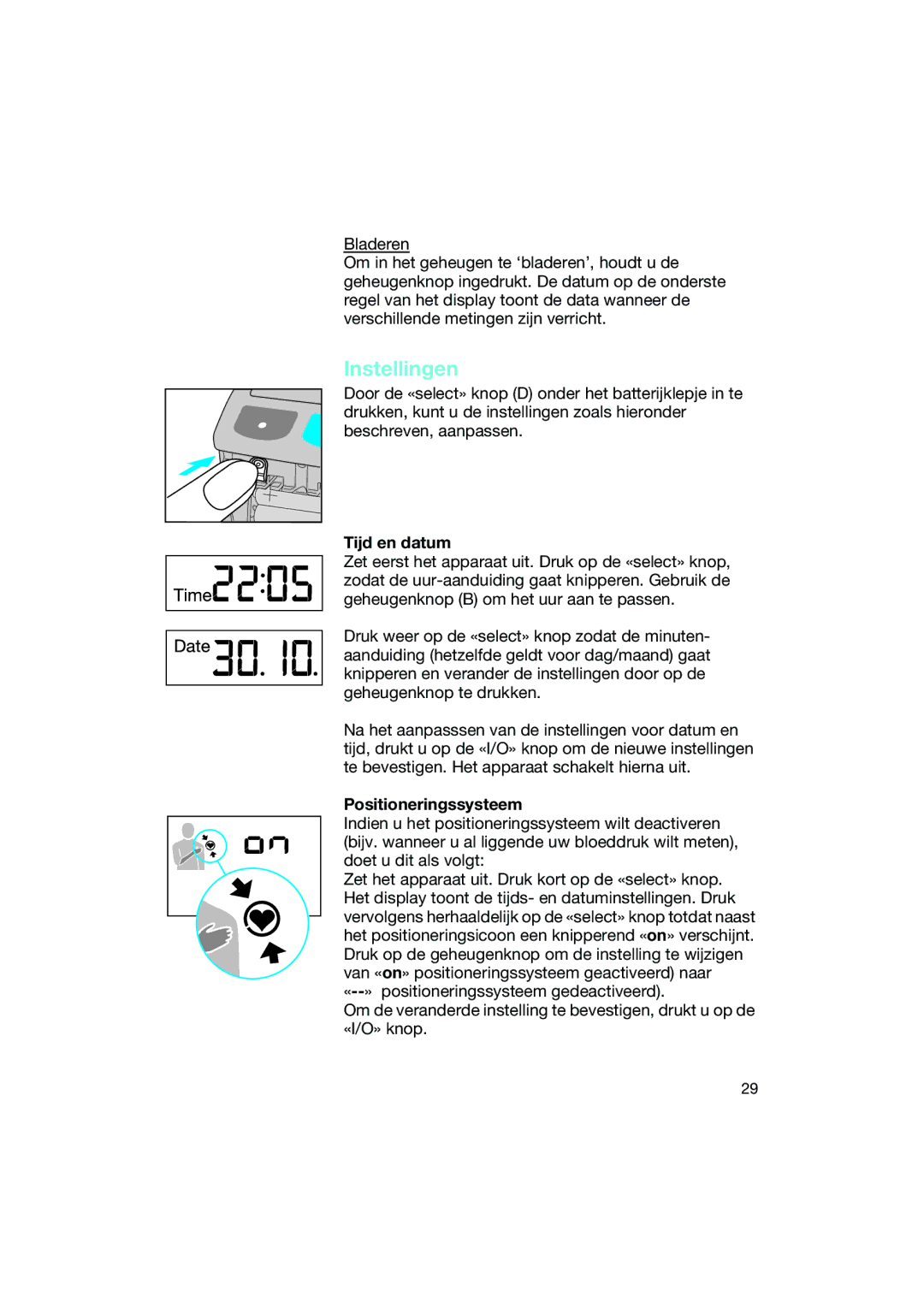 Braun BP2550 manual Instellingen, Tijd en datum, Positioneringssysteem 