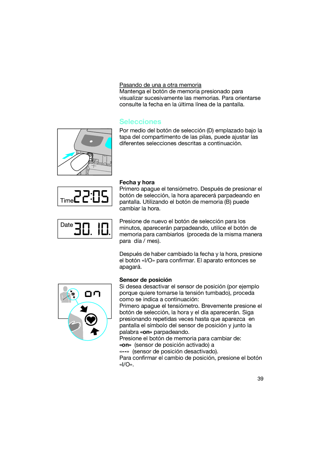 Braun BP2550 manual Selecciones, Fecha y hora, Sensor de posición 