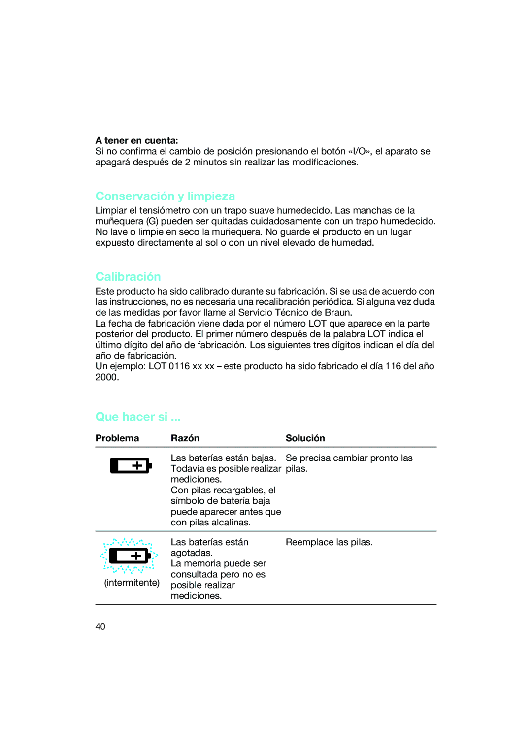 Braun BP2550 manual Conservación y limpieza, Calibración, Que hacer si, Tener en cuenta, Problema Razón Solución 