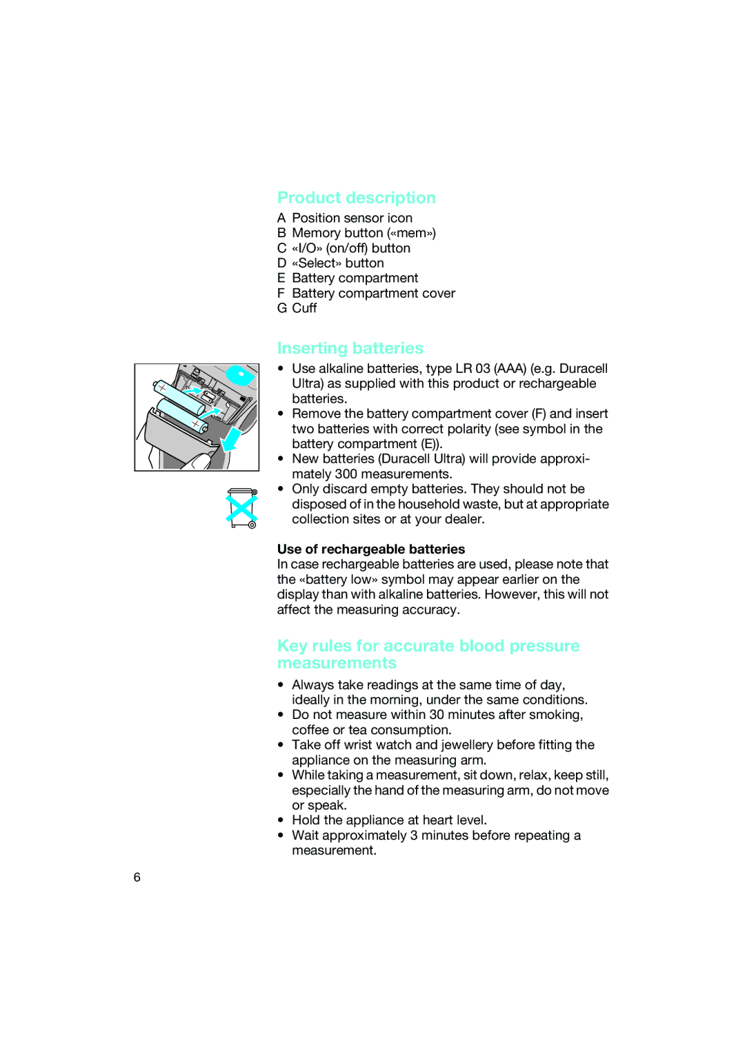 Braun BP2550 manual Product description, Inserting batteries, Key rules for accurate blood pressure measurements 