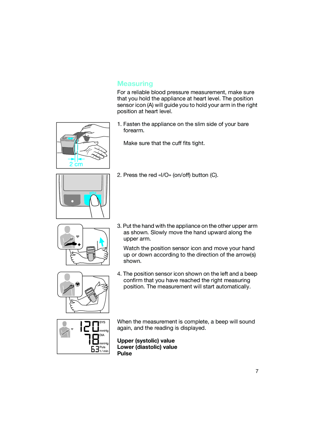Braun BP2550 manual Measuring, Upper systolic value Lower diastolic value Pulse 