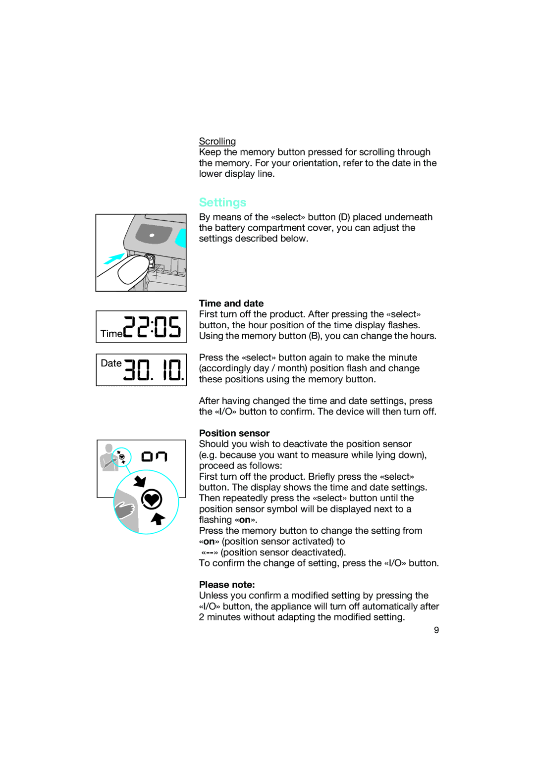 Braun BP2550 manual Settings, Time and date, Position sensor 