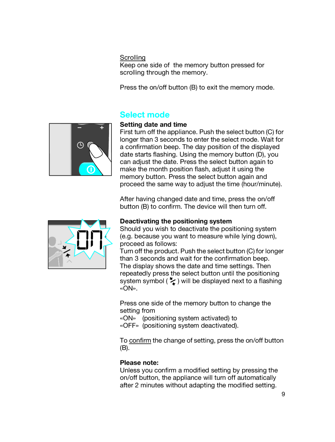 Braun BP3510 manual Select mode, Setting date and time, Deactivating the positioning system 