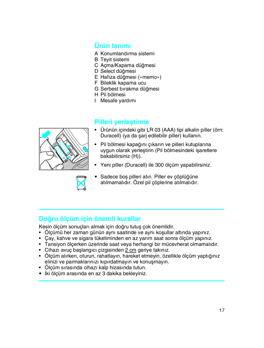 Braun BP3550, BP3560 manual Ürün tan∂m∂, Pilleri yerleµtirme, Doπru ölçüm için önemli kurallar 