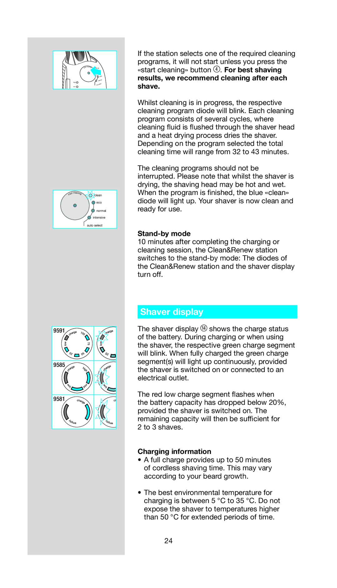 Braun BS 9581, BS 9585, BS 9591 manual Shaver display, Stand-by mode, Charging information 