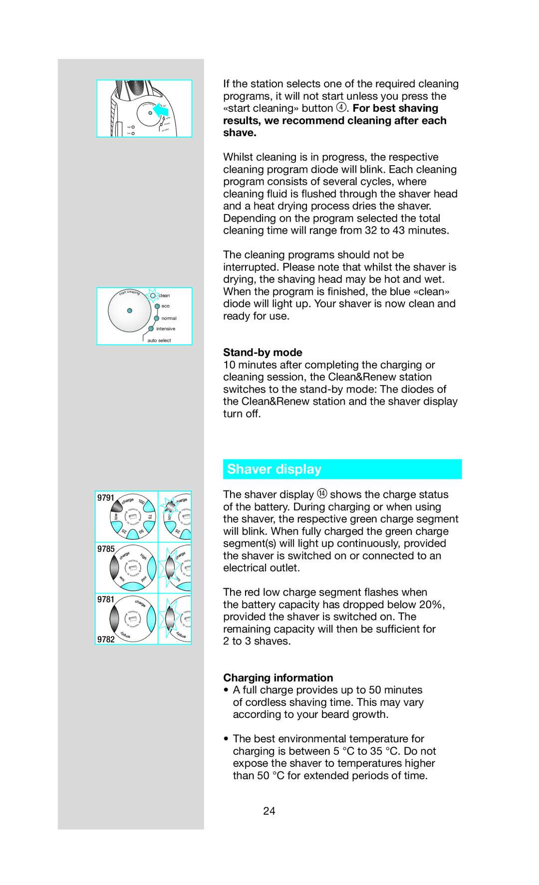 Braun BS 9785, BS 9781, BS 9791, BS 9782 manual Shaver display, Stand-by mode, Charging information 