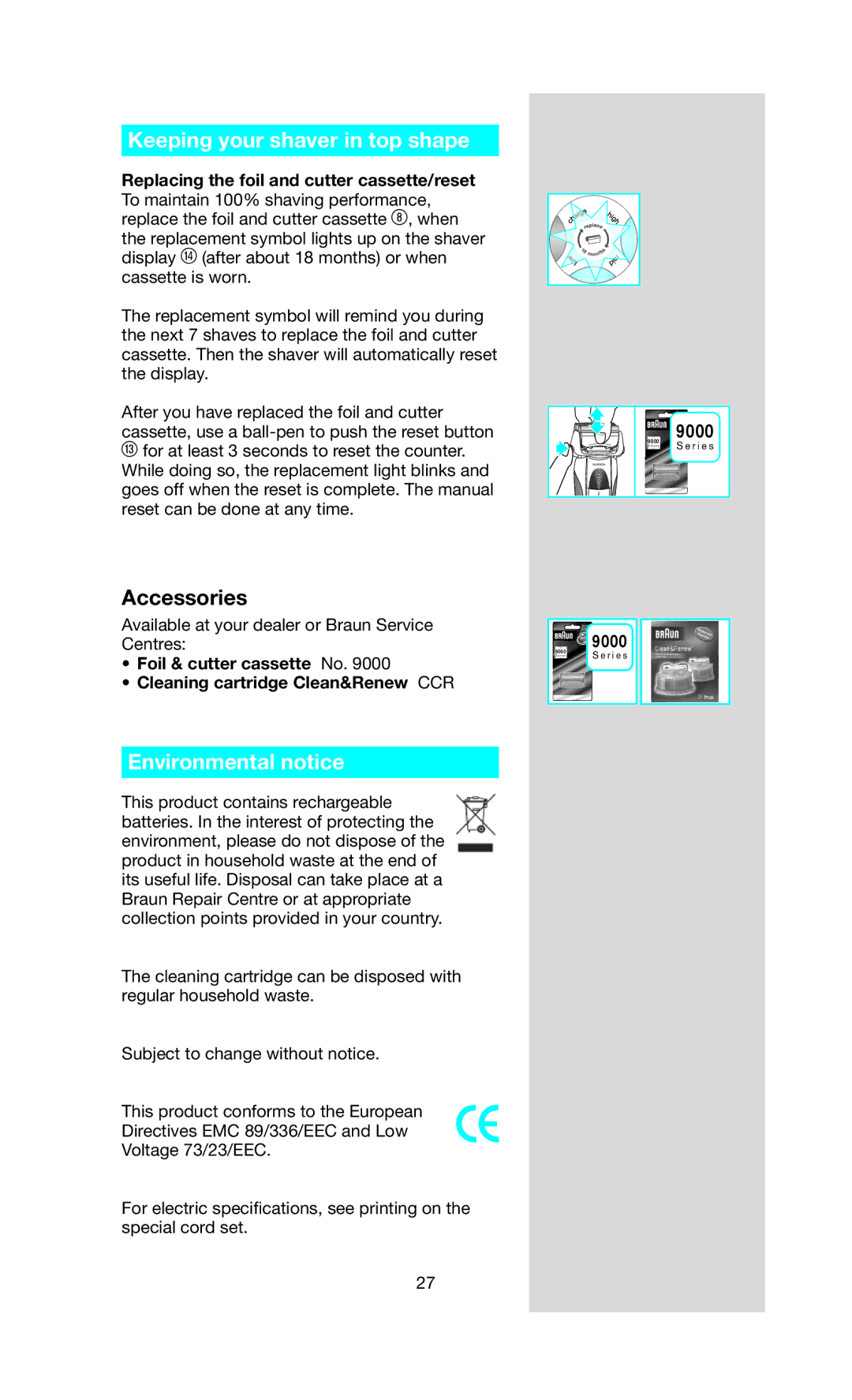 Braun BS 9782, BS 9785, BS 9781, BS 9791 manual Keeping your shaver in top shape, Environmental notice 