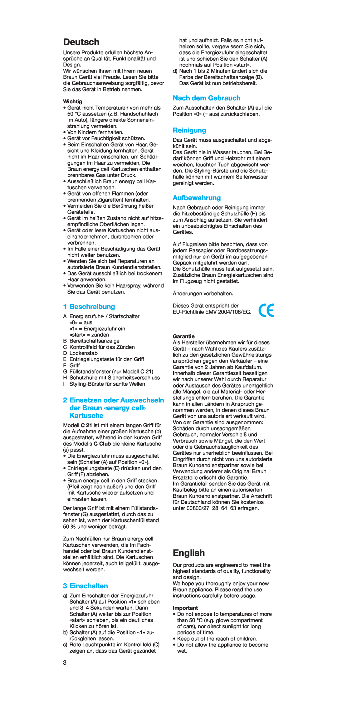 Braun C 21 manual Deutsch, English, Beschreibung, Einsetzen oder Auswechseln der Braun «energy cell» Kartusche, Einschalten 