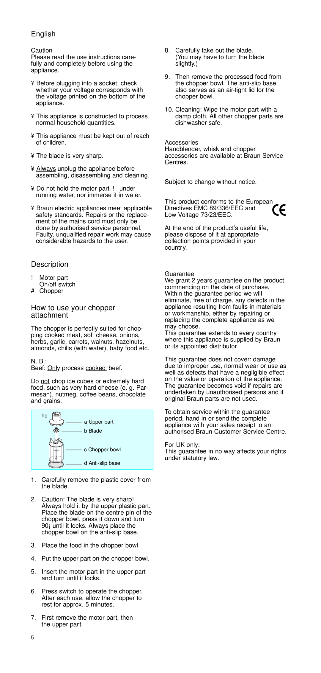 Braun CH 100 manual English, Description, How to use your chopper attachment 