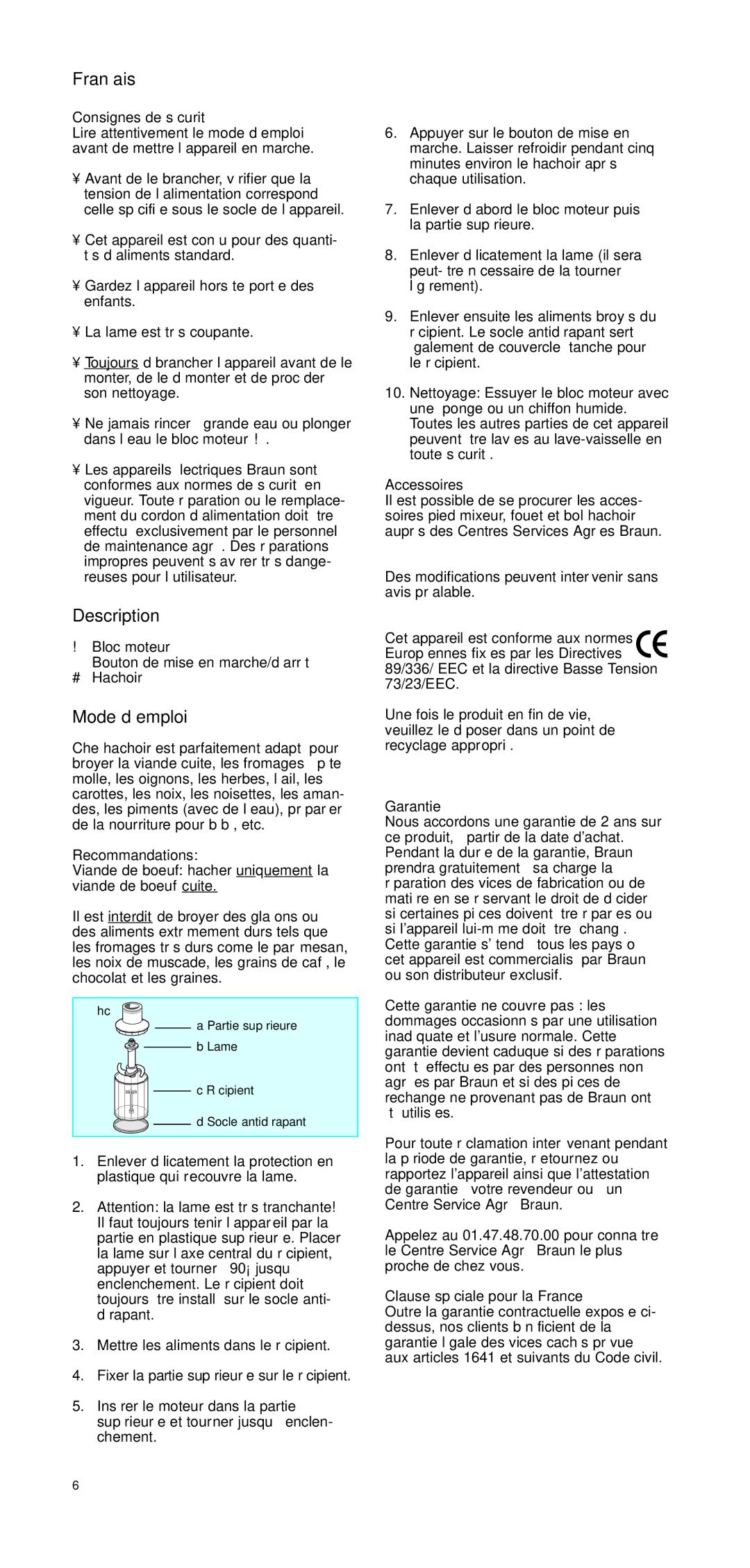 Braun CH 100 manual Français, Mode d’emploi 