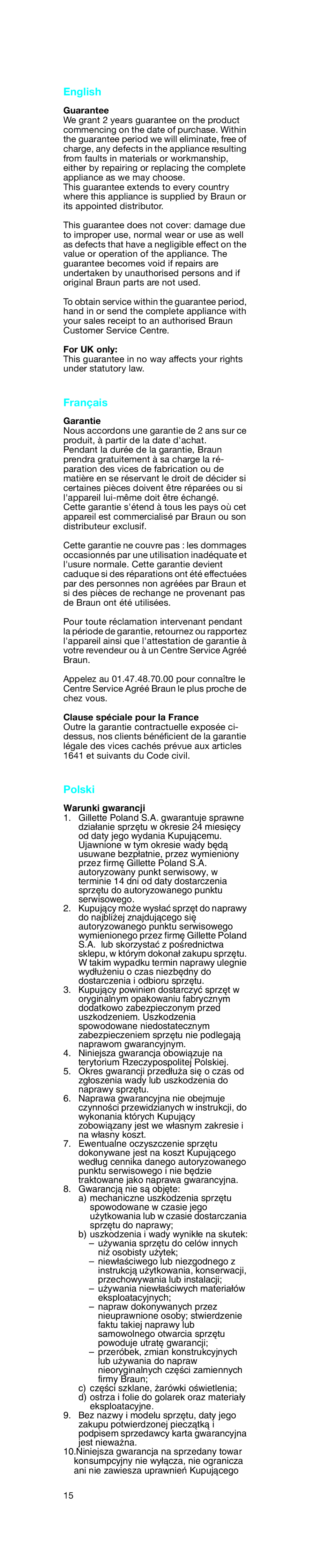 Braun D 8011, D 8513, D 8511, D 8013 manual Guarantee, Warunki gwarancji 