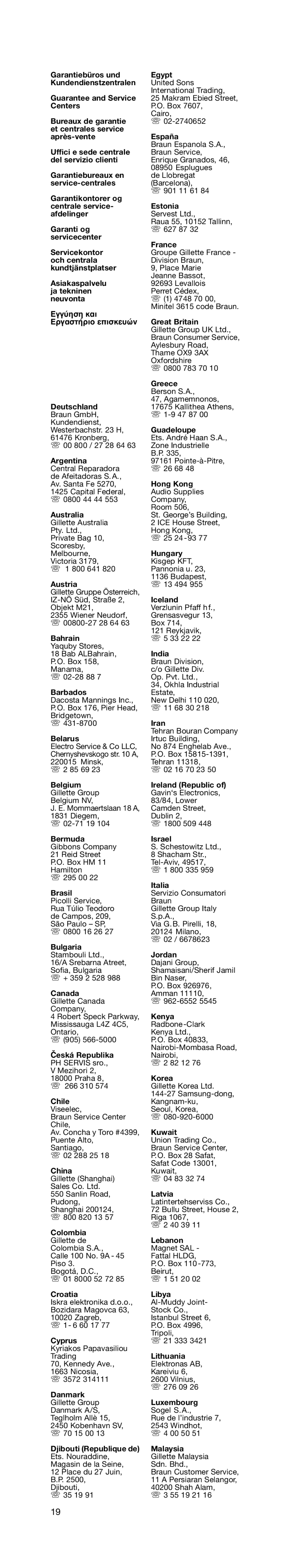 Braun D 9513, D 9525T, D 9525A, D 9511 manual Garantiebüros und Egypt Kundendienstzentralen 