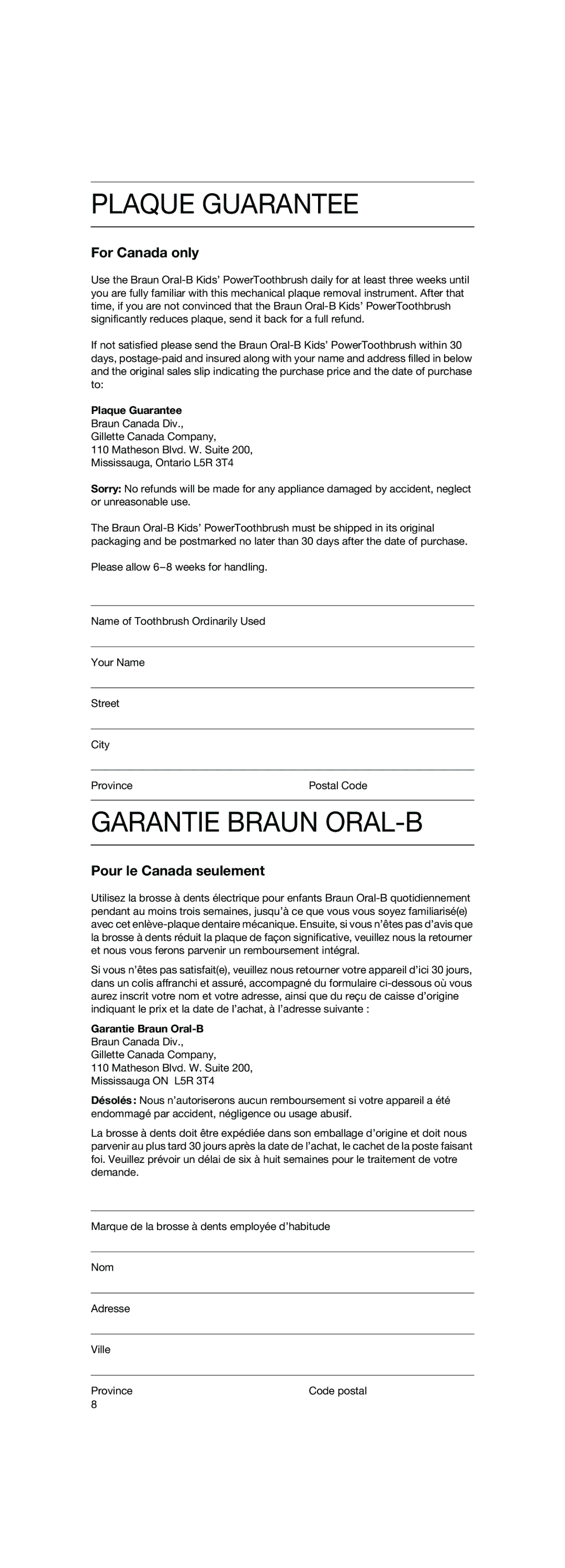 Braun D10 manual Garantie Braun ORAL-B, For Canada only, Pour le Canada seulement 