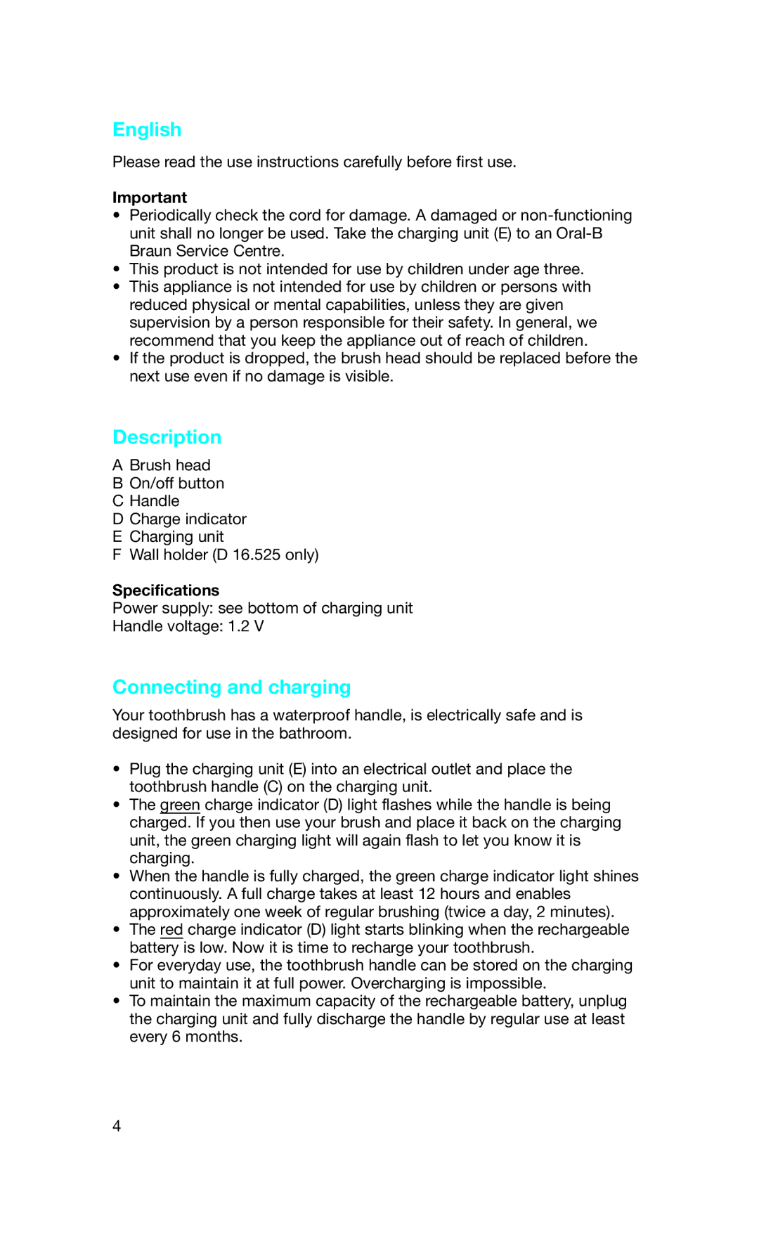Braun D16.525, D16.513 manual English, Description, Connecting and charging, Specifications 