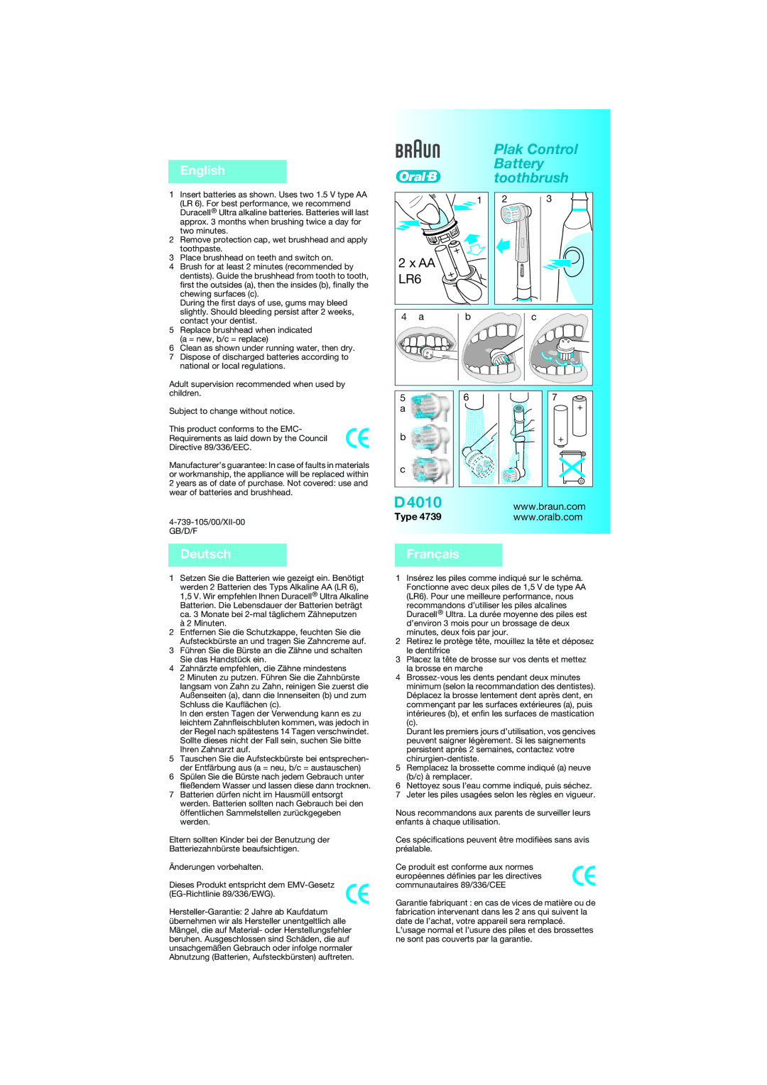 Braun D4010 manual English, Deutsch, Français 