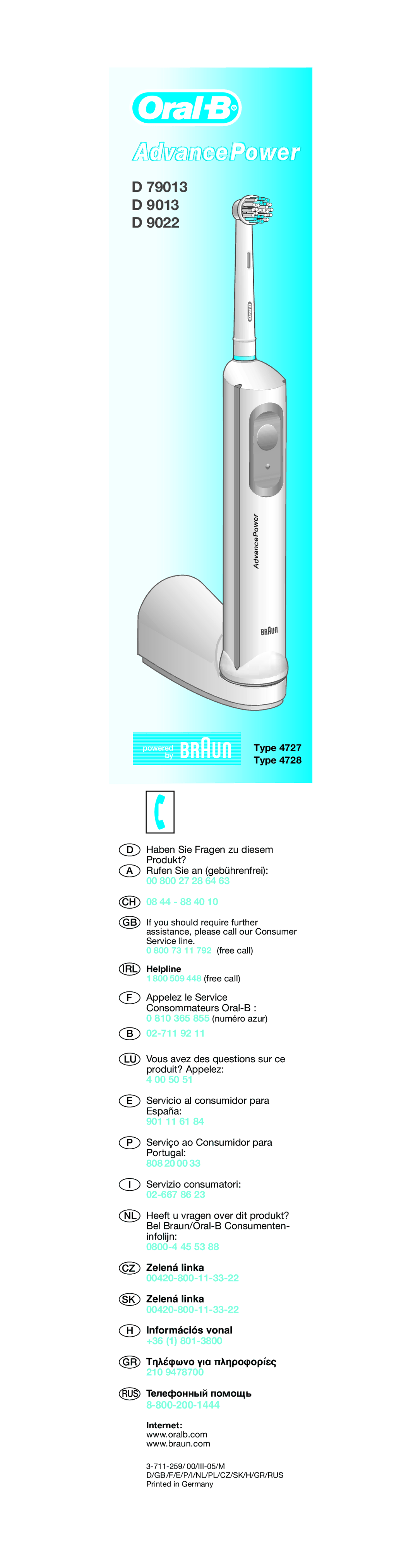 Braun D9022 manual 00 800 27 28 64 CH 08 44 88 40, 810 365 855 numéro azur 02-711 92, 00 50, 901 11 61, 808 20 00, +36 1 