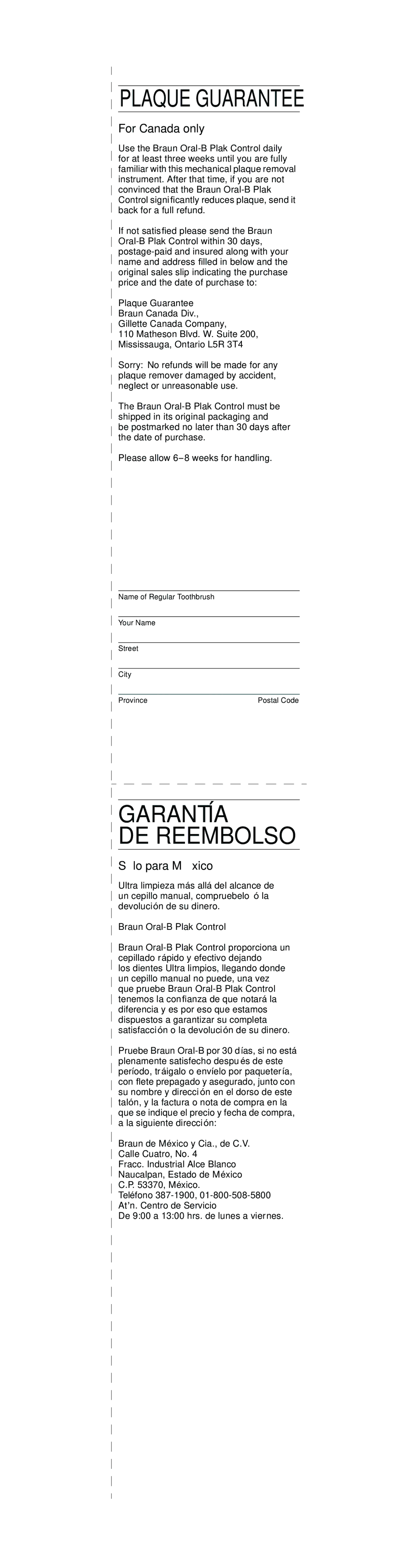 Braun D9513, D9525 For Canada only, Sólo para México, Braun Oral-B Plak Control, De 900 a 1300 hrs. de lunes a viernes 