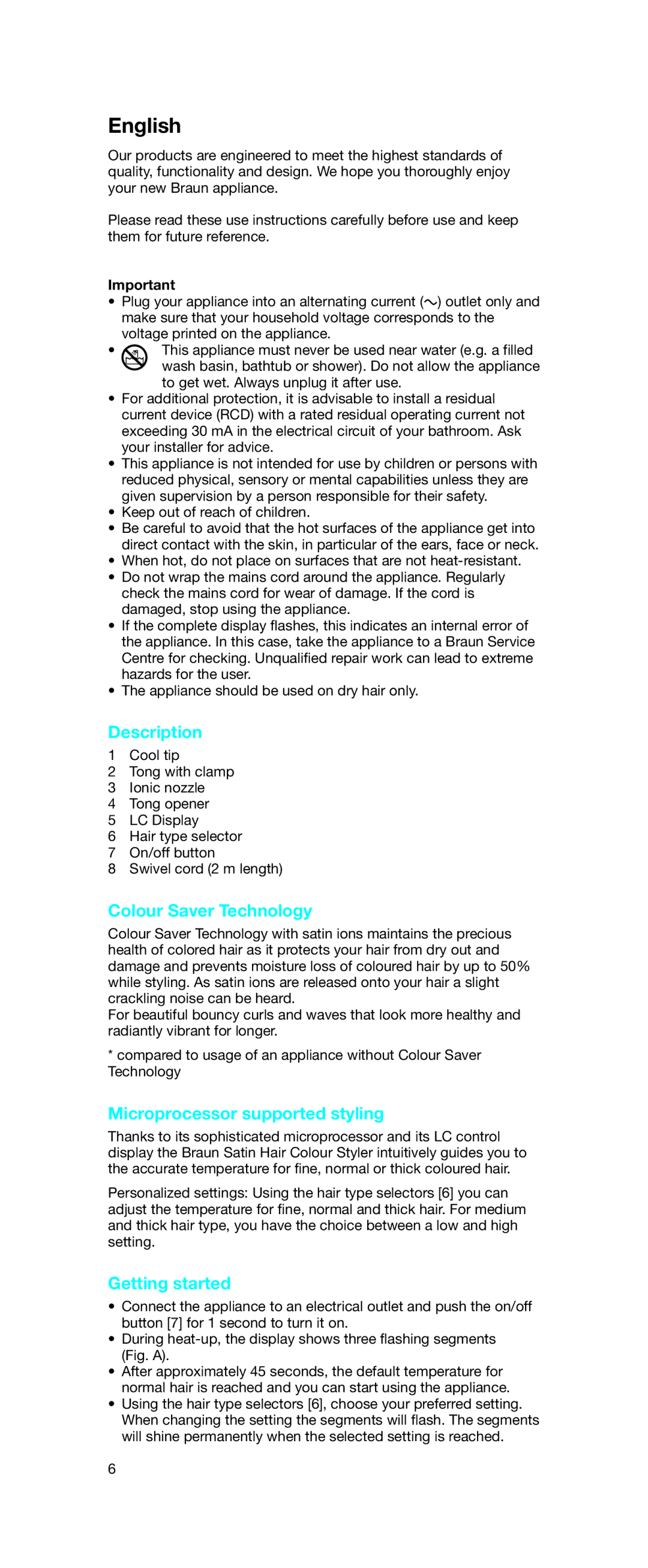 Braun EC 2 manual English, Description, Colour Saver Technology, Microprocessor supported styling, Getting started 