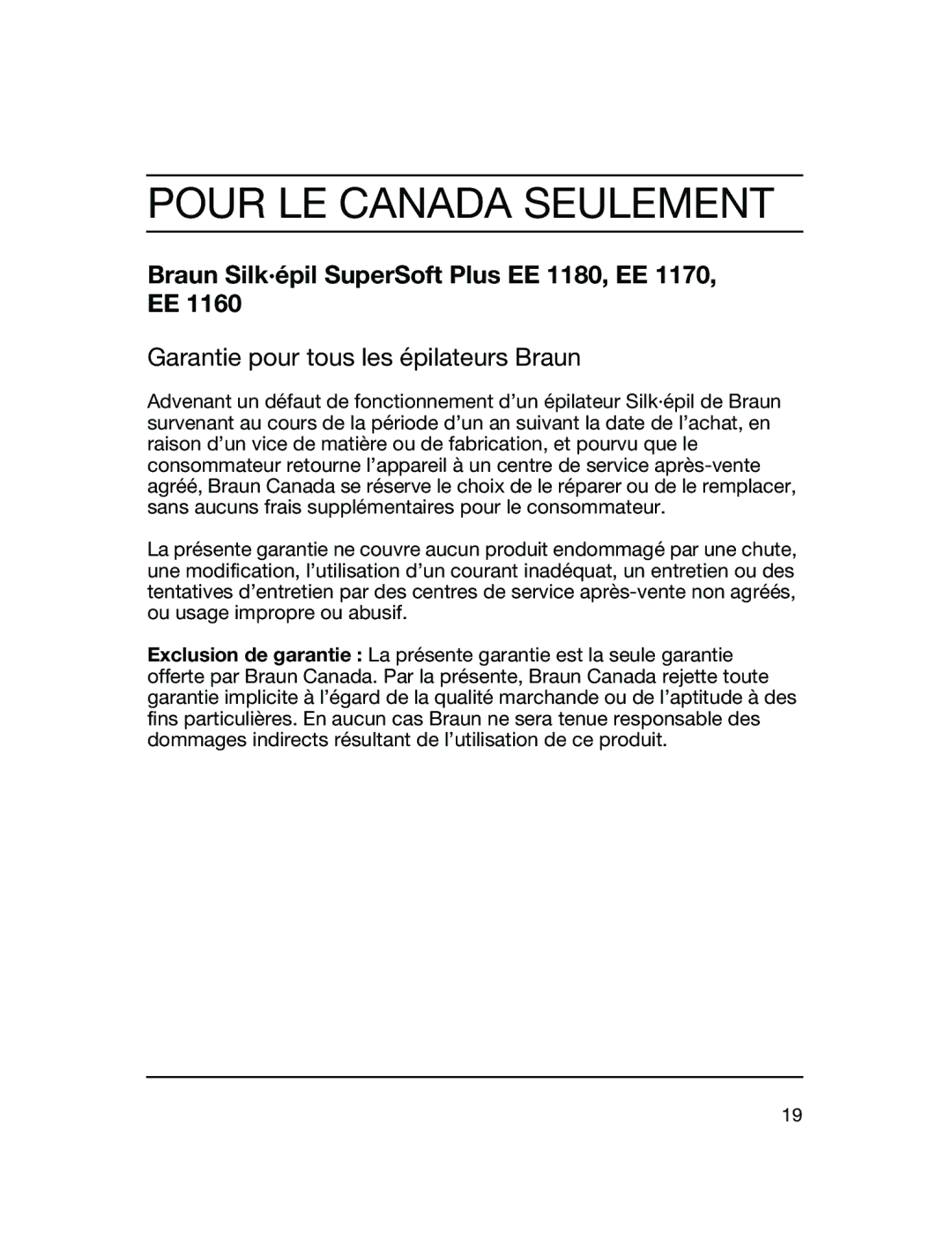 Braun EE 1170, EE 1180, EE 1160 manual Pour LE Canada Seulement 