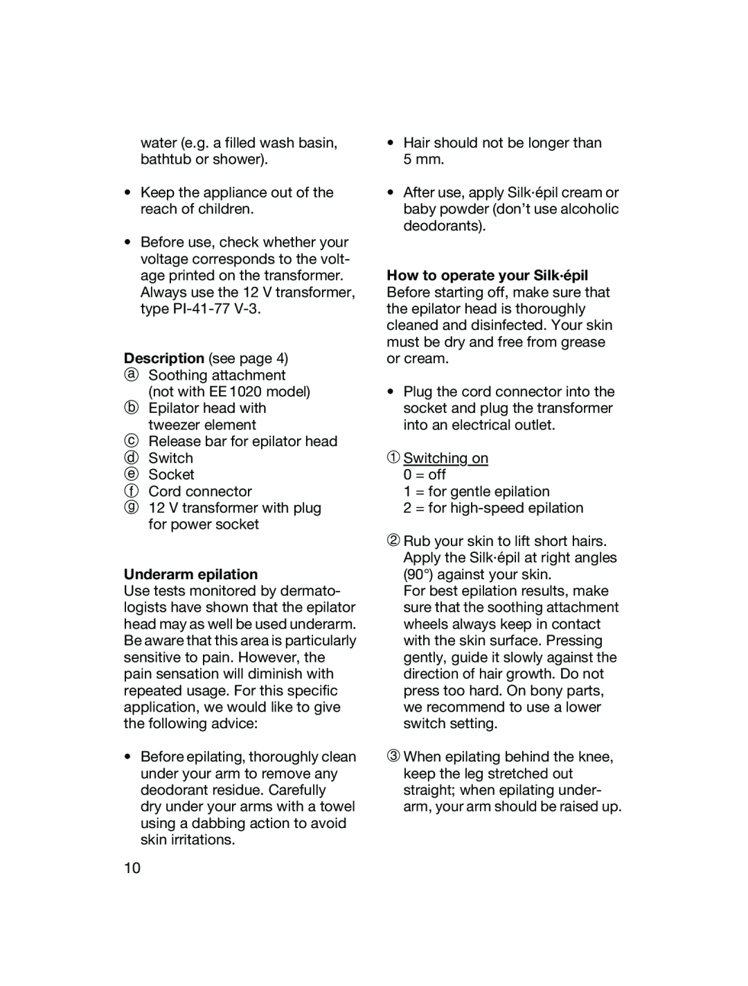 Braun EE1055, EE1020 manual Description see page, Underarm epilation 