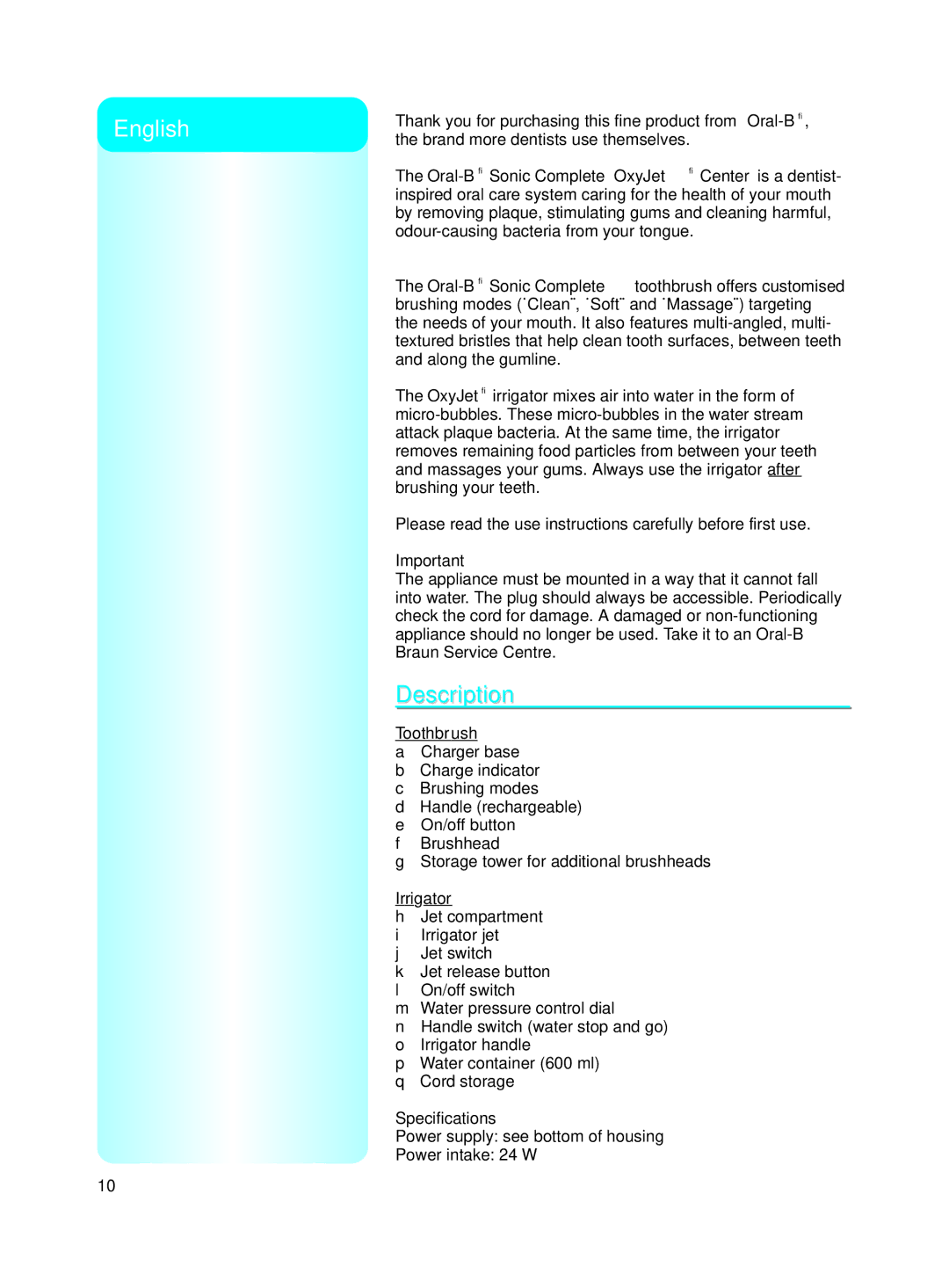 Braun Electric Toothbrush manual Description, Specifications 