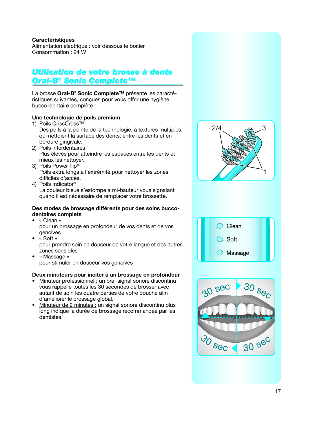 Braun Electric Toothbrush manual Utilisation de votre brosse à dents Oral-BSonic Complete, Caractéristiques 