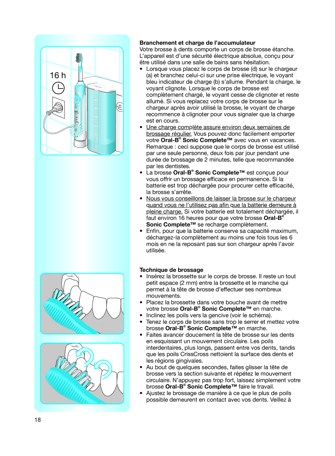 Braun Electric Toothbrush manual Branchement et charge de l’accumulateur, Technique de brossage 