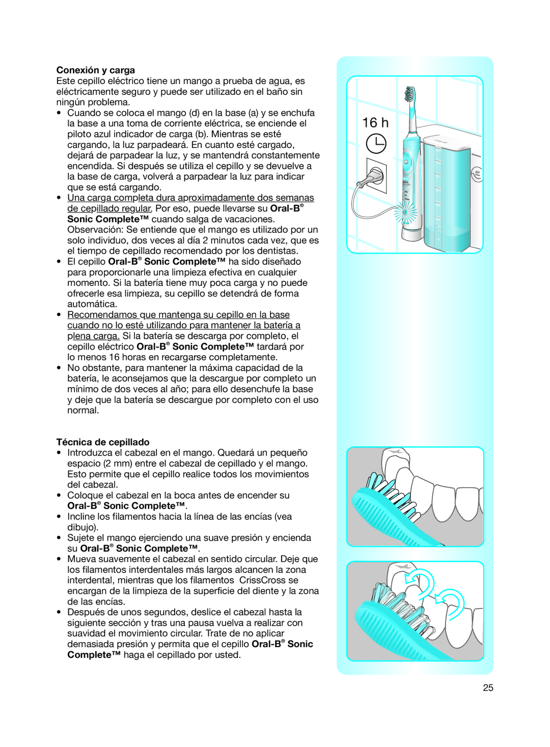 Braun Electric Toothbrush manual Conexión y carga, Técnica de cepillado 