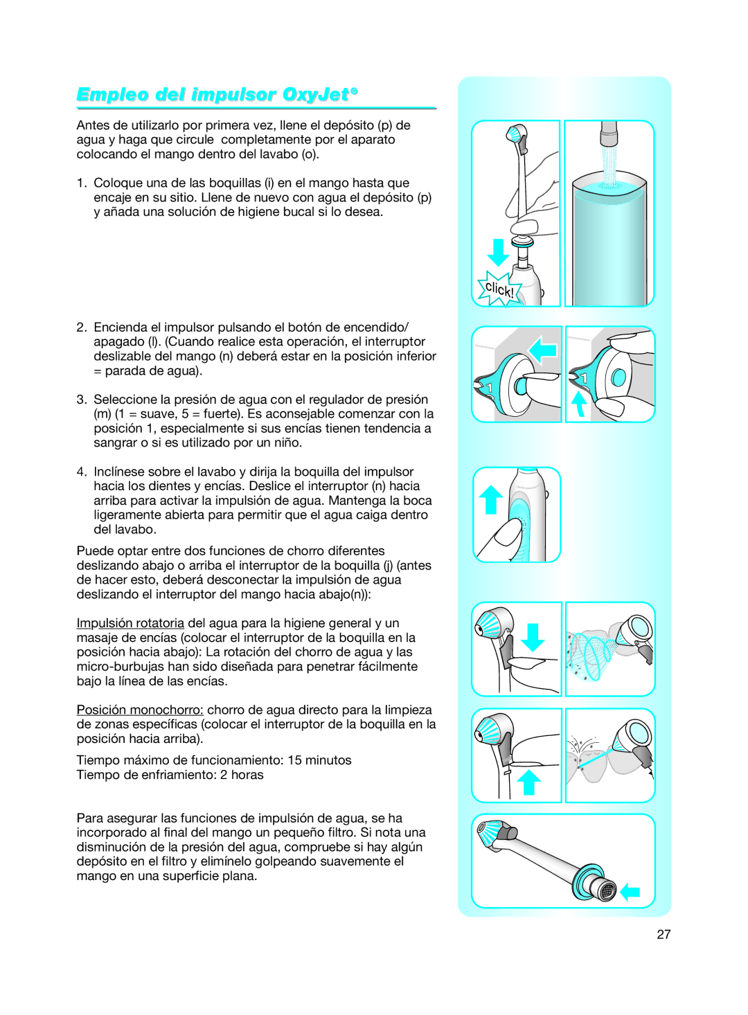 Braun Electric Toothbrush manual Empleo del impulsor OxyJet 