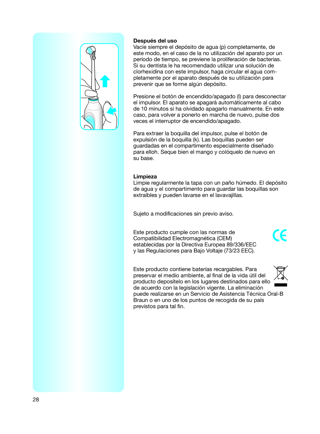 Braun Electric Toothbrush manual Después del uso, Limpieza 