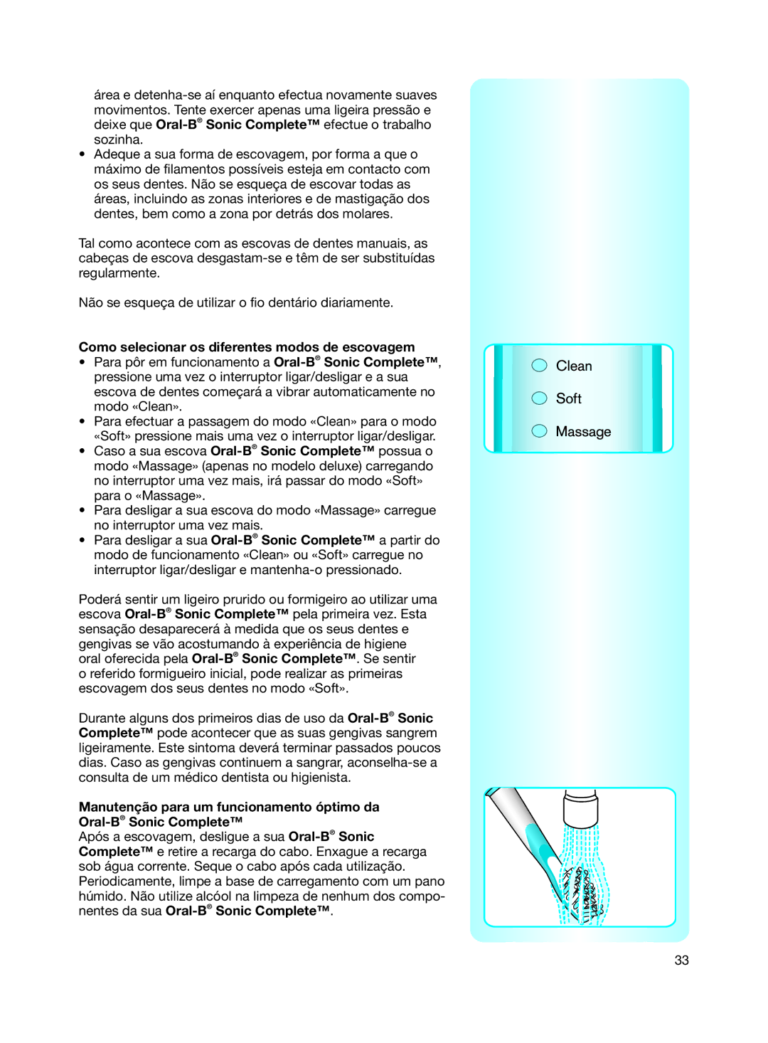 Braun Electric Toothbrush manual Como selecionar os diferentes modos de escovagem 